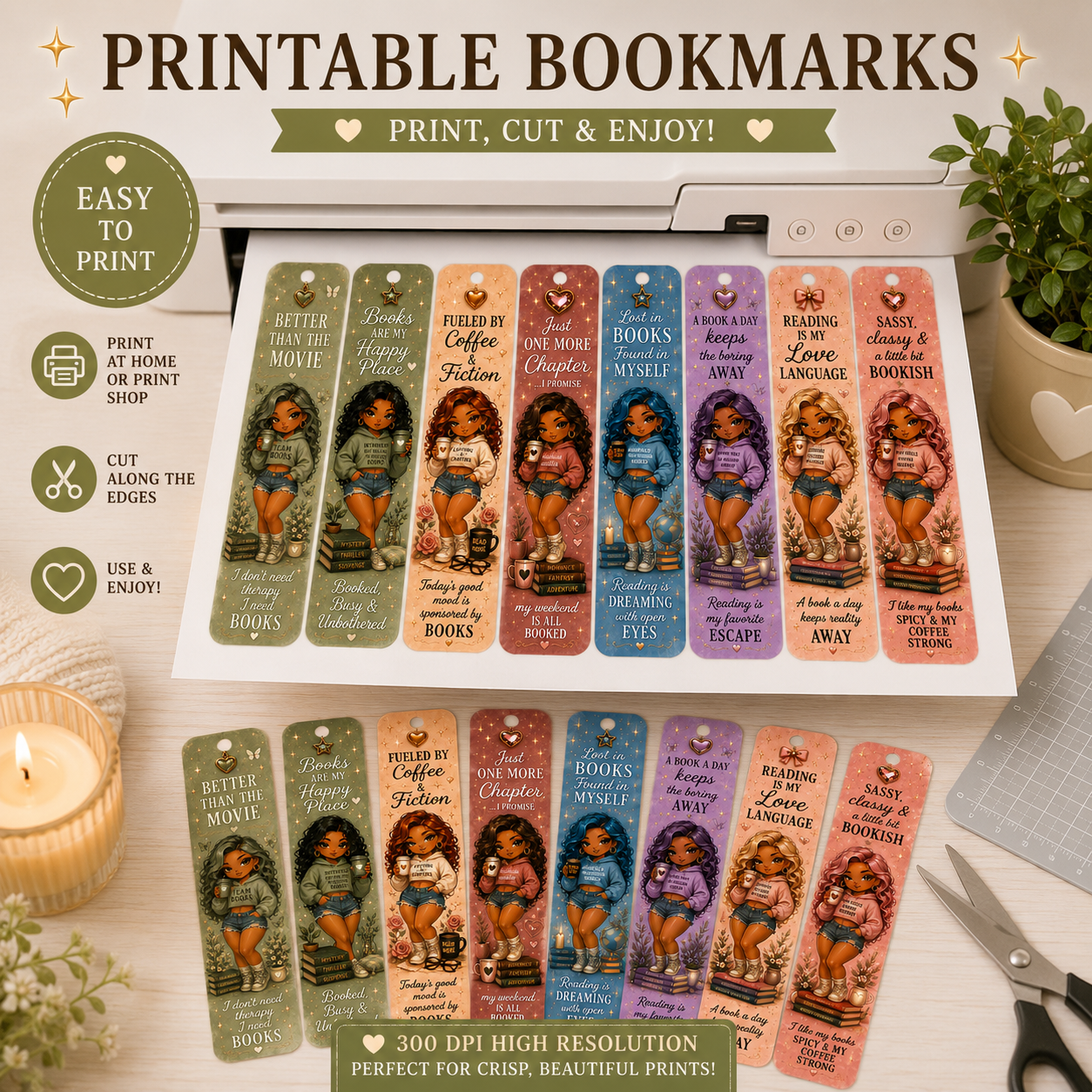 Baddie Bookmark Bundle | 8 Printable Cute Chibi Bookmarks | Instant Digital Download | PNG Bookmarks for Book Lovers