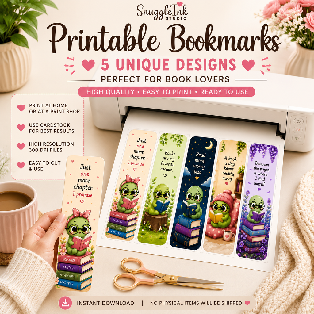 Kawaii Bookworm Printable Bookmark Set | 5 Cute Bookmarks | Instant PDF Download for Book Lovers & Readers