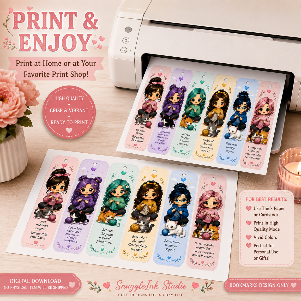 Cozy Crochet Bookmarks PNG Bundle | 6 Cute Kawaii Chibi Bookmarks | Digital Download | Printable Bookmarks | Book Lover Gift | Reader Bookmark Set