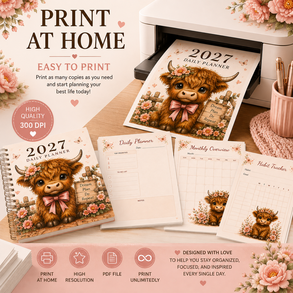 2027 Highland Cow Daily Planner – Printable Digital Planner