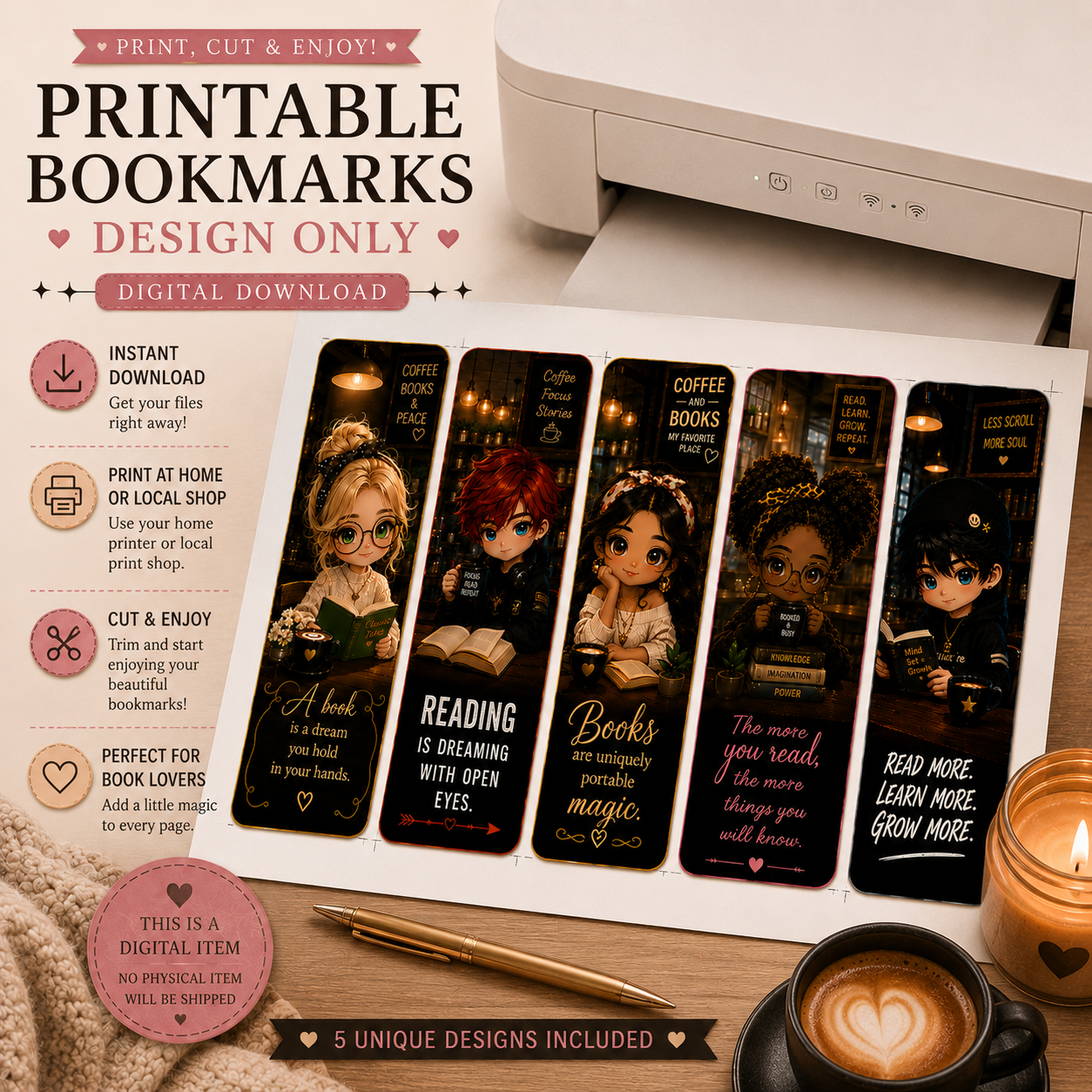 Cozy Coffee & Reading Chibi Bookmark Design Set | 5 Cute Printable Bookmark Designs | Digital Download | Book Lover Gift | DIY Bookmarks