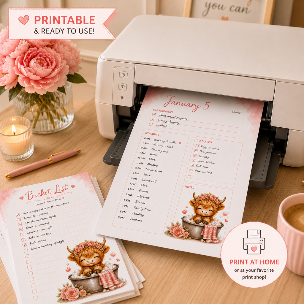 Highland Cow Daily Planner Printable PDF | Cute Pink Planner | Goal, Finance, Habit & Bucket List | Instant Download | US Letter 8.5 x 11
