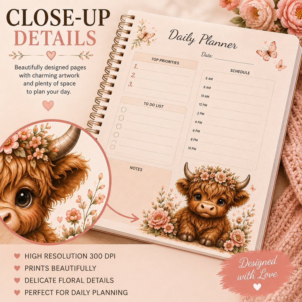 2027 Highland Cow Daily Planner – Printable Digital Planner
