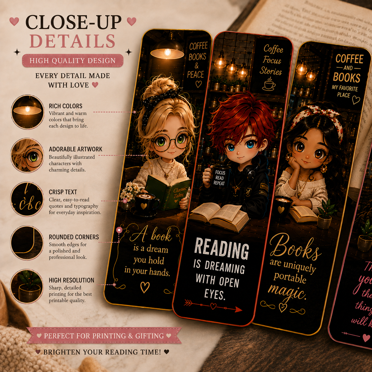 Cozy Coffee & Reading Chibi Bookmark Design Set | 5 Cute Printable Bookmark Designs | Digital Download | Book Lover Gift | DIY Bookmarks