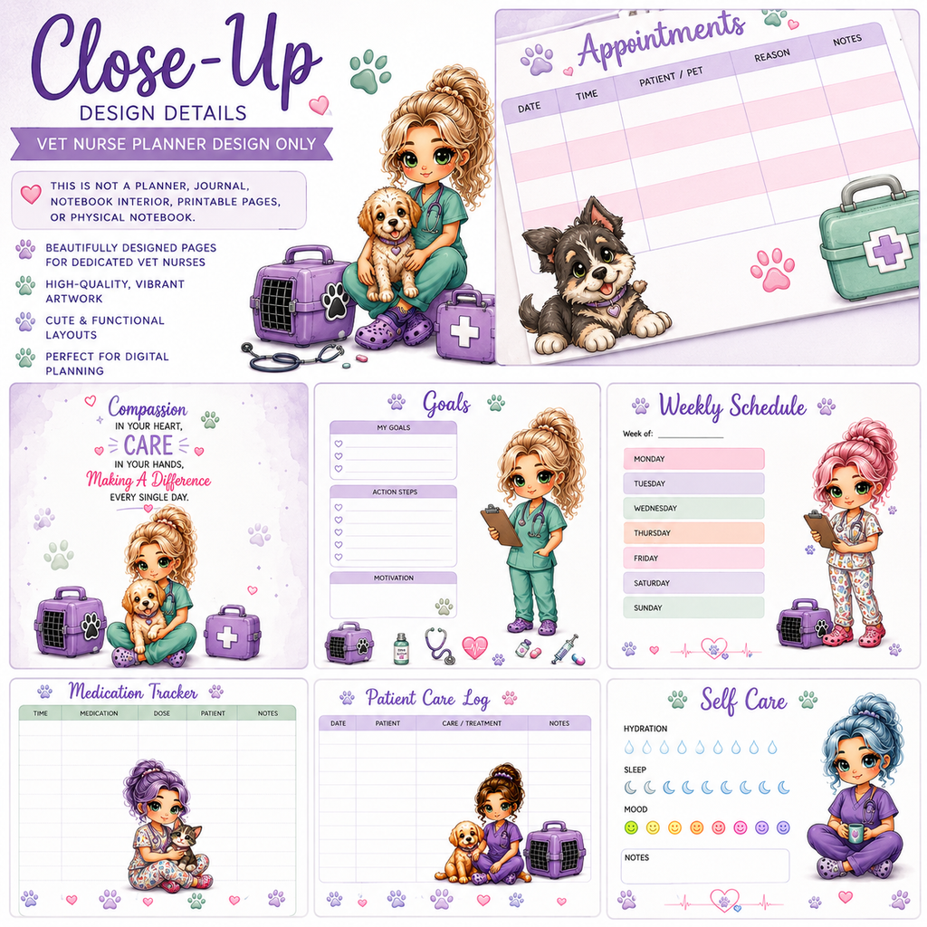 Vet Nurse Planner Design | Kawaii Veterinary Planner Cover | 15 Digital Pages | Instant Download