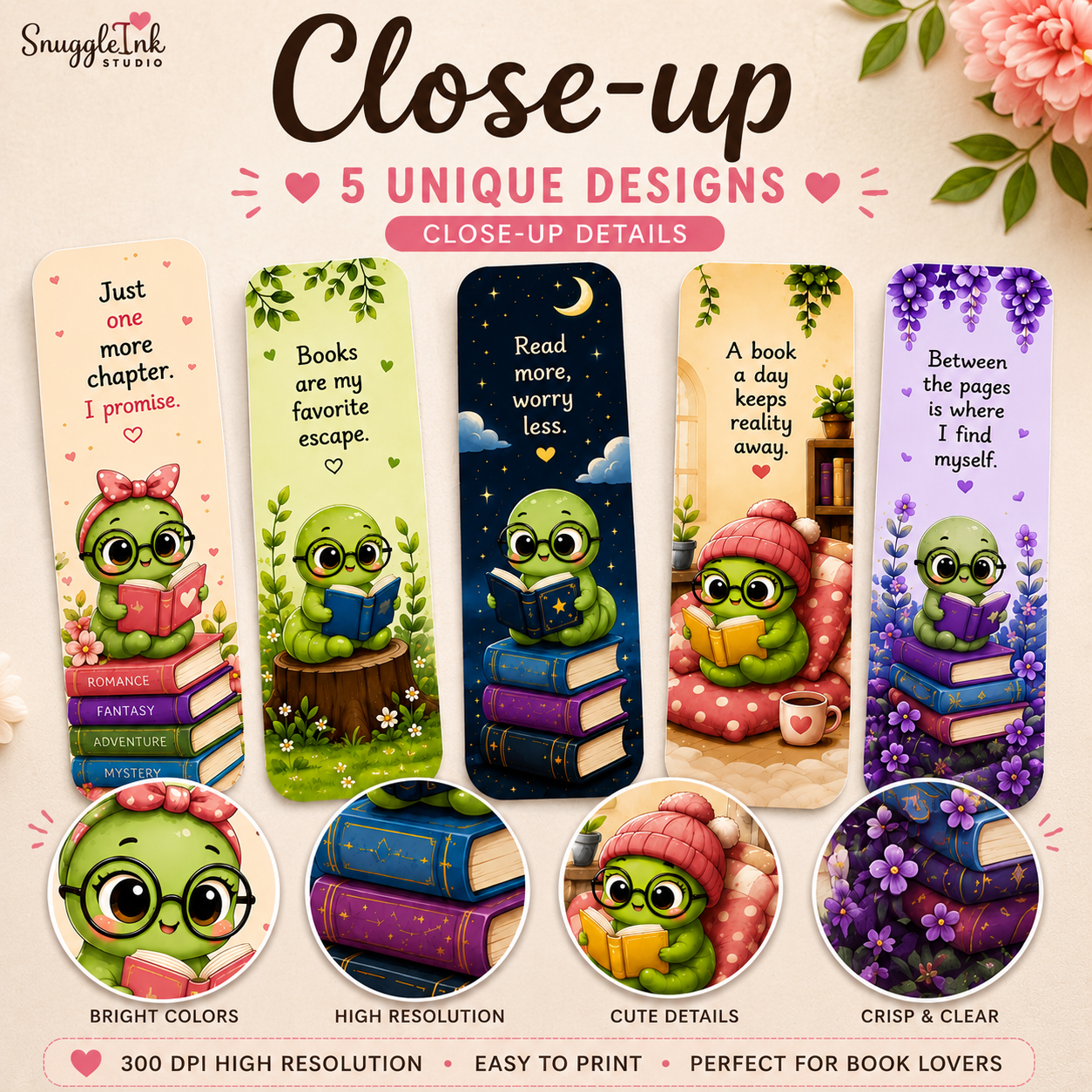 Kawaii Bookworm Printable Bookmark Set | 5 Cute Bookmarks | Instant PDF Download for Book Lovers & Readers