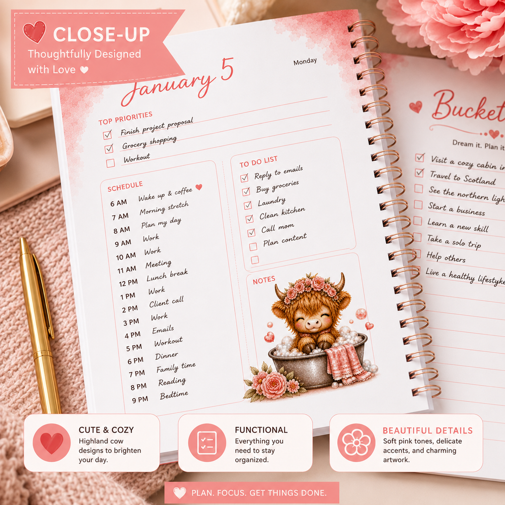 Highland Cow Daily Planner Printable PDF | Cute Pink Planner | Goal, Finance, Habit & Bucket List | Instant Download | US Letter 8.5 x 11