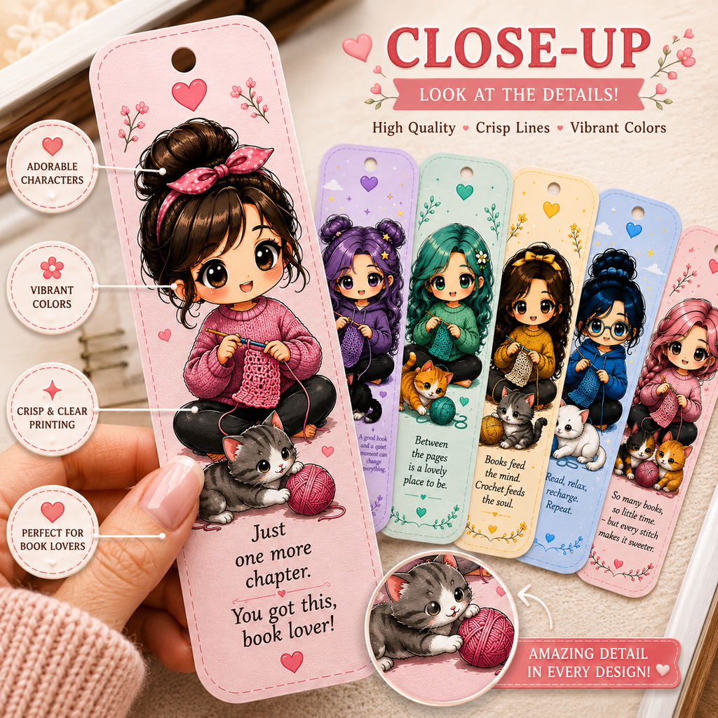 Cozy Crochet Bookmarks PNG Bundle | 6 Cute Kawaii Chibi Bookmarks | Digital Download | Printable Bookmarks | Book Lover Gift | Reader Bookmark Set