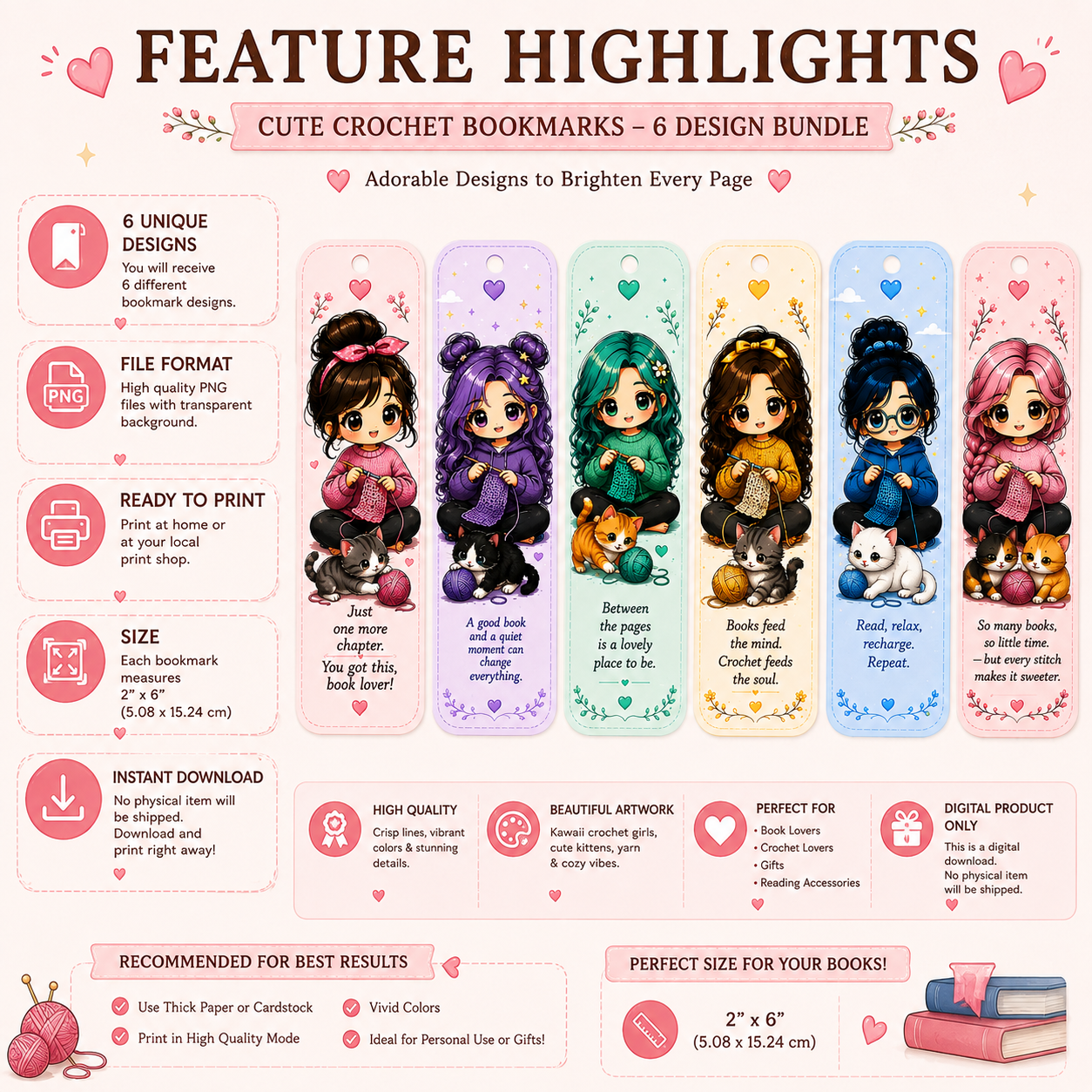 Cozy Crochet Bookmarks PNG Bundle | 6 Cute Kawaii Chibi Bookmarks | Digital Download | Printable Bookmarks | Book Lover Gift | Reader Bookmark Set