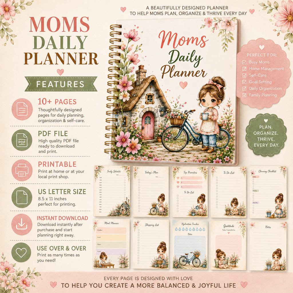 Moms Daily Planner Printable | Floral Daily Planner PDF | Instant Download | Printable Mom Organizer | US Letter | Digital Planner