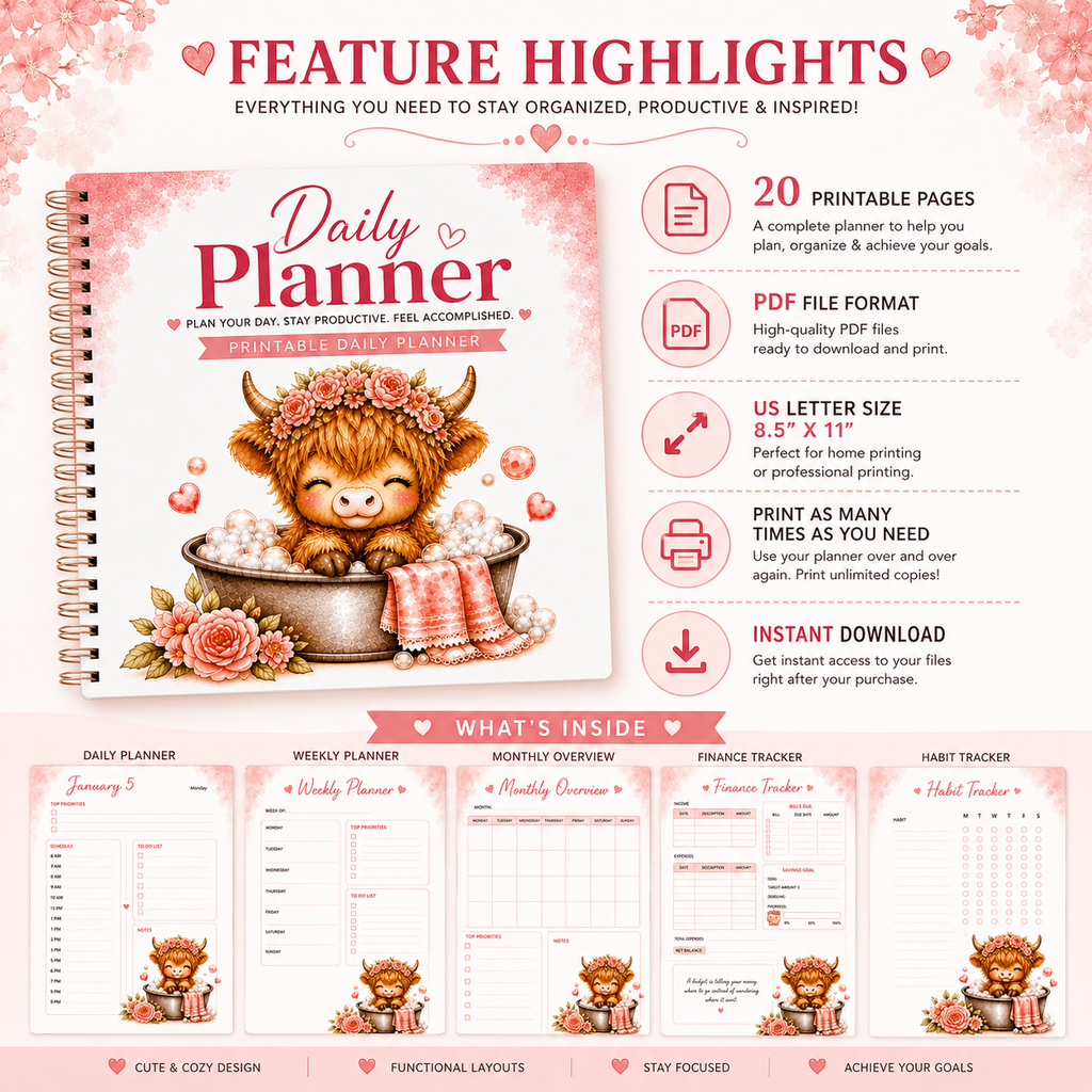 Highland Cow Daily Planner Printable PDF | Cute Pink Planner | Goal, Finance, Habit & Bucket List | Instant Download | US Letter 8.5 x 11