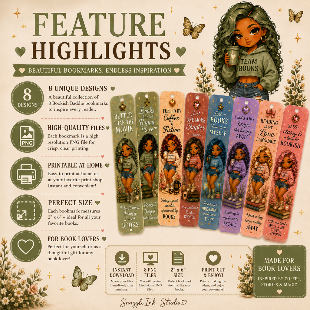 Baddie Bookmark Bundle | 8 Printable Cute Chibi Bookmarks | Instant Digital Download | PNG Bookmarks for Book Lovers