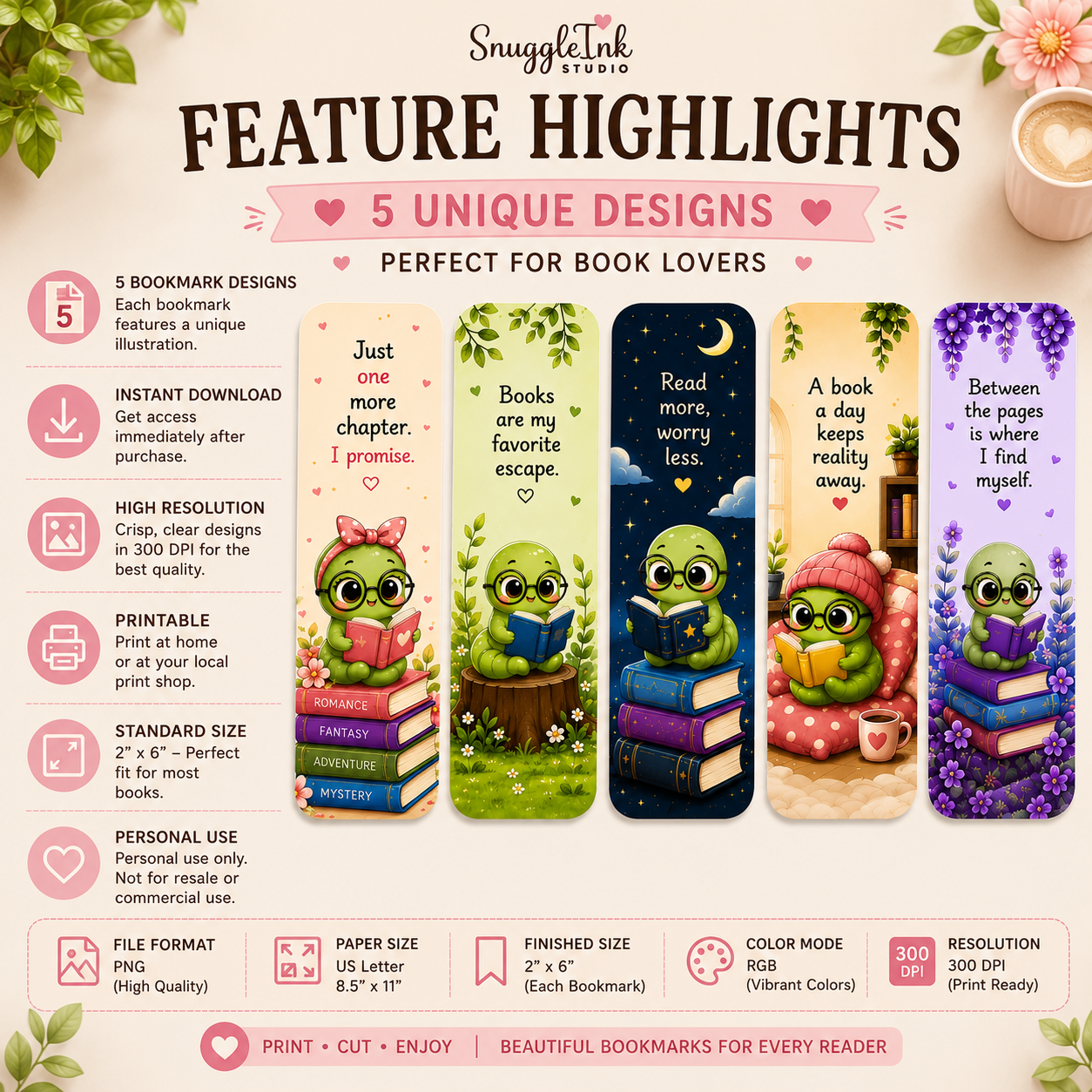 Kawaii Bookworm Printable Bookmark Set | 5 Cute Bookmarks | Instant PDF Download for Book Lovers & Readers