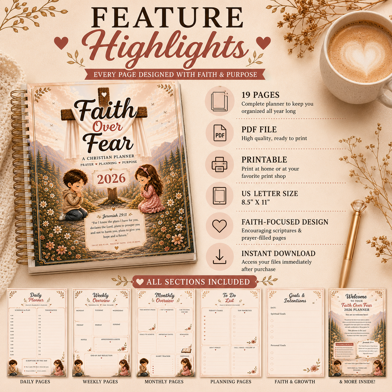 Faith Over Fear 2026 Christian Planner | Printable Daily Prayer Journal | Bible Study Planner | Instant PDF Download | Christian Digital Planner