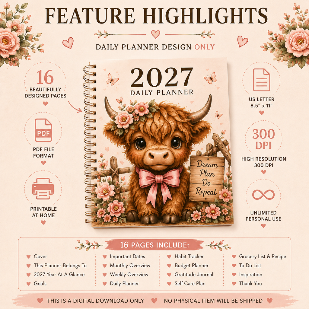 2027 Highland Cow Daily Planner – Printable Digital Planner