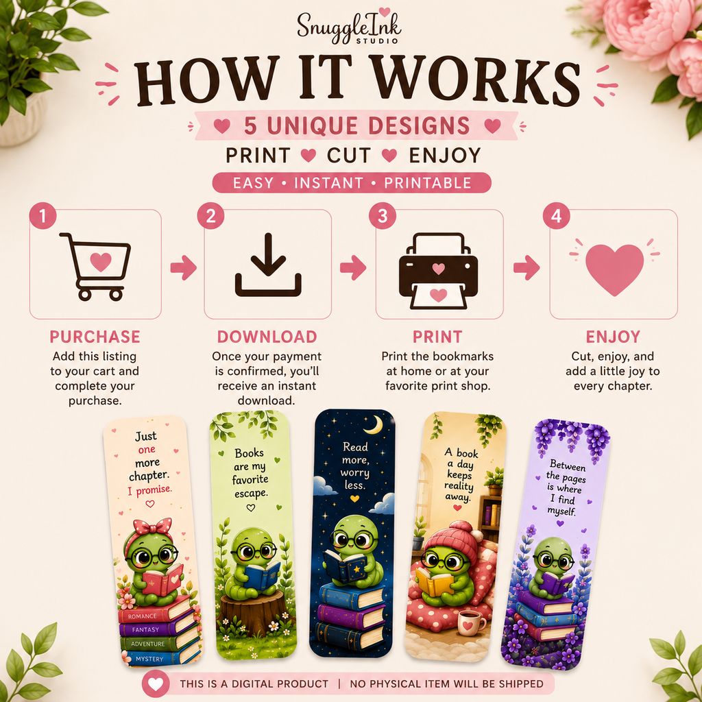 Kawaii Bookworm Printable Bookmark Set | 5 Cute Bookmarks | Instant PDF Download for Book Lovers & Readers