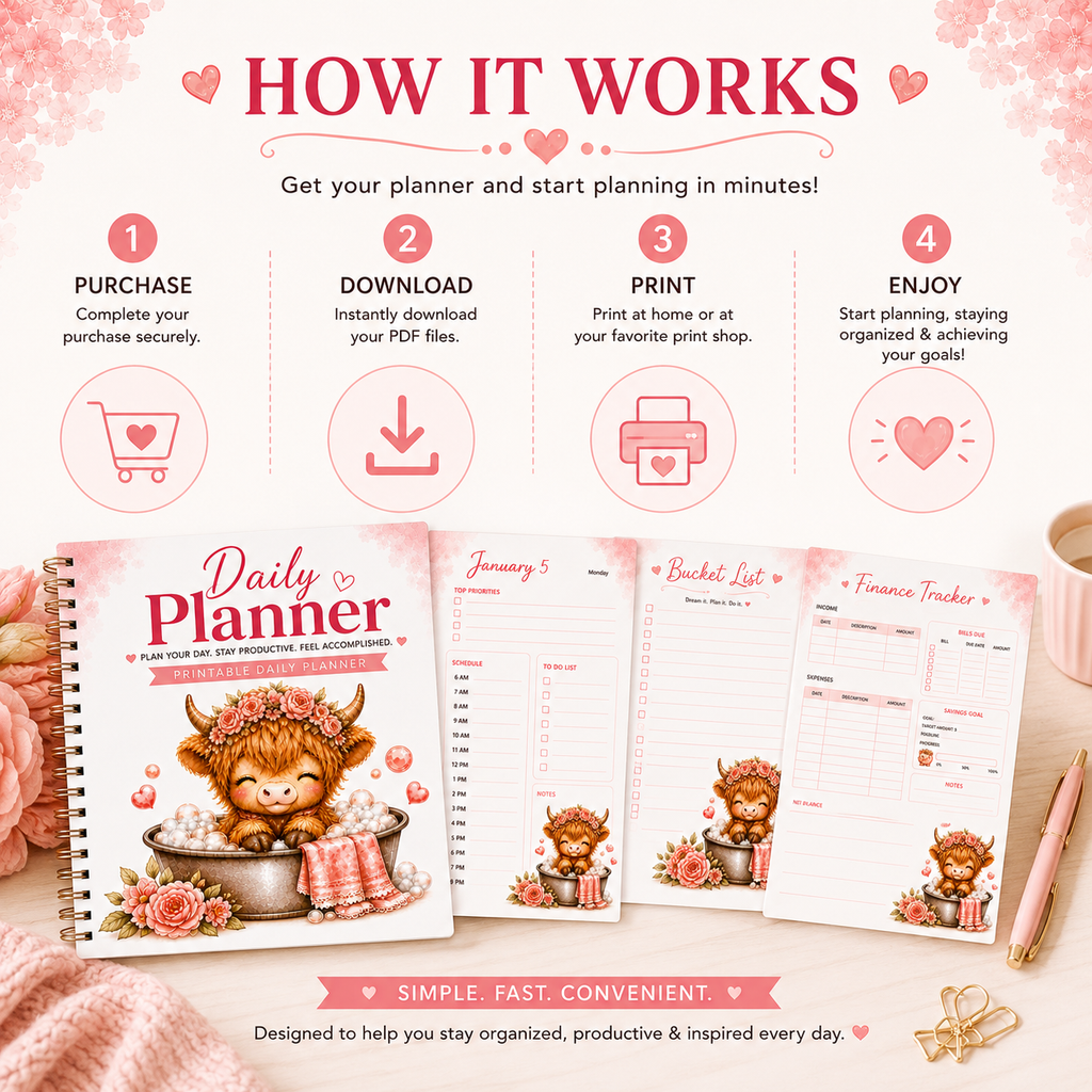 Highland Cow Daily Planner Printable PDF | Cute Pink Planner | Goal, Finance, Habit & Bucket List | Instant Download | US Letter 8.5 x 11