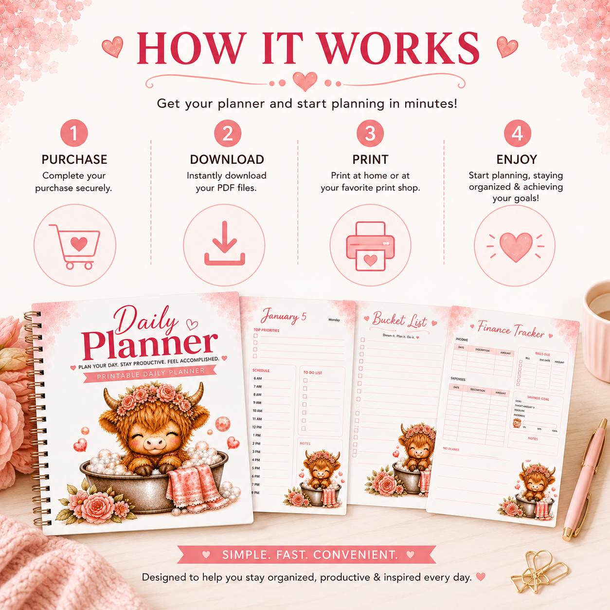 Highland Cow Daily Planner Printable PDF | Cute Pink Planner | Goal, Finance, Habit & Bucket List | Instant Download | US Letter 8.5 x 11