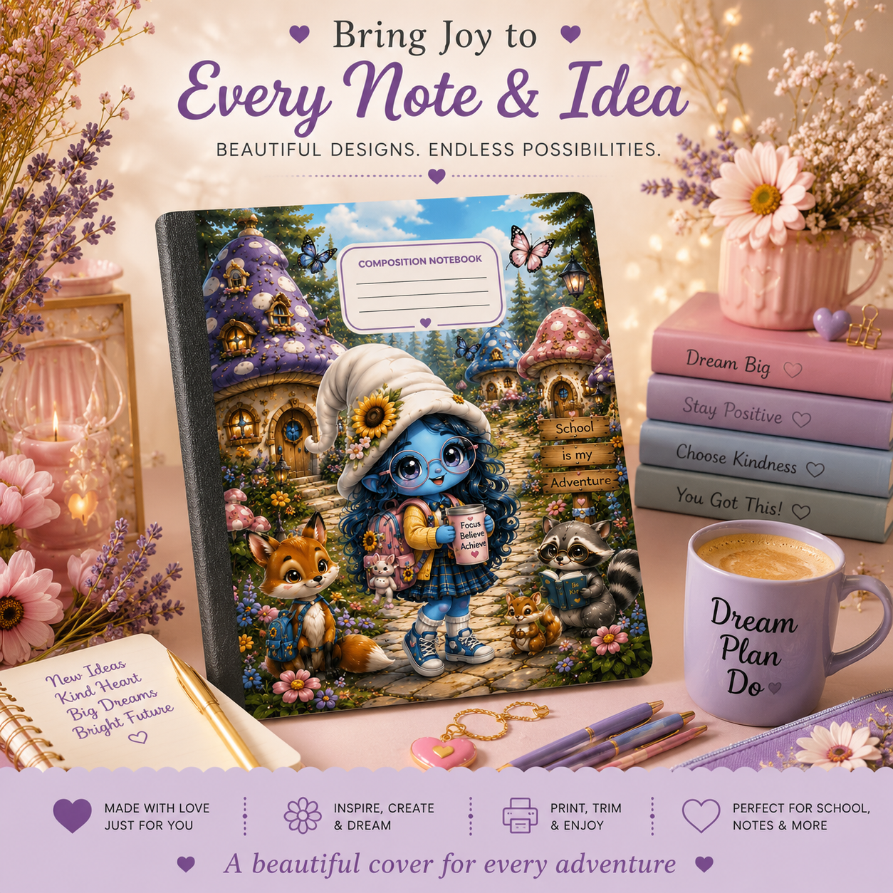 Magical Composition Notebook Cover Printable | Cute Fantasy School Notebook Cover | Kawaii Back to School Binder Cover | Instant Download PDF