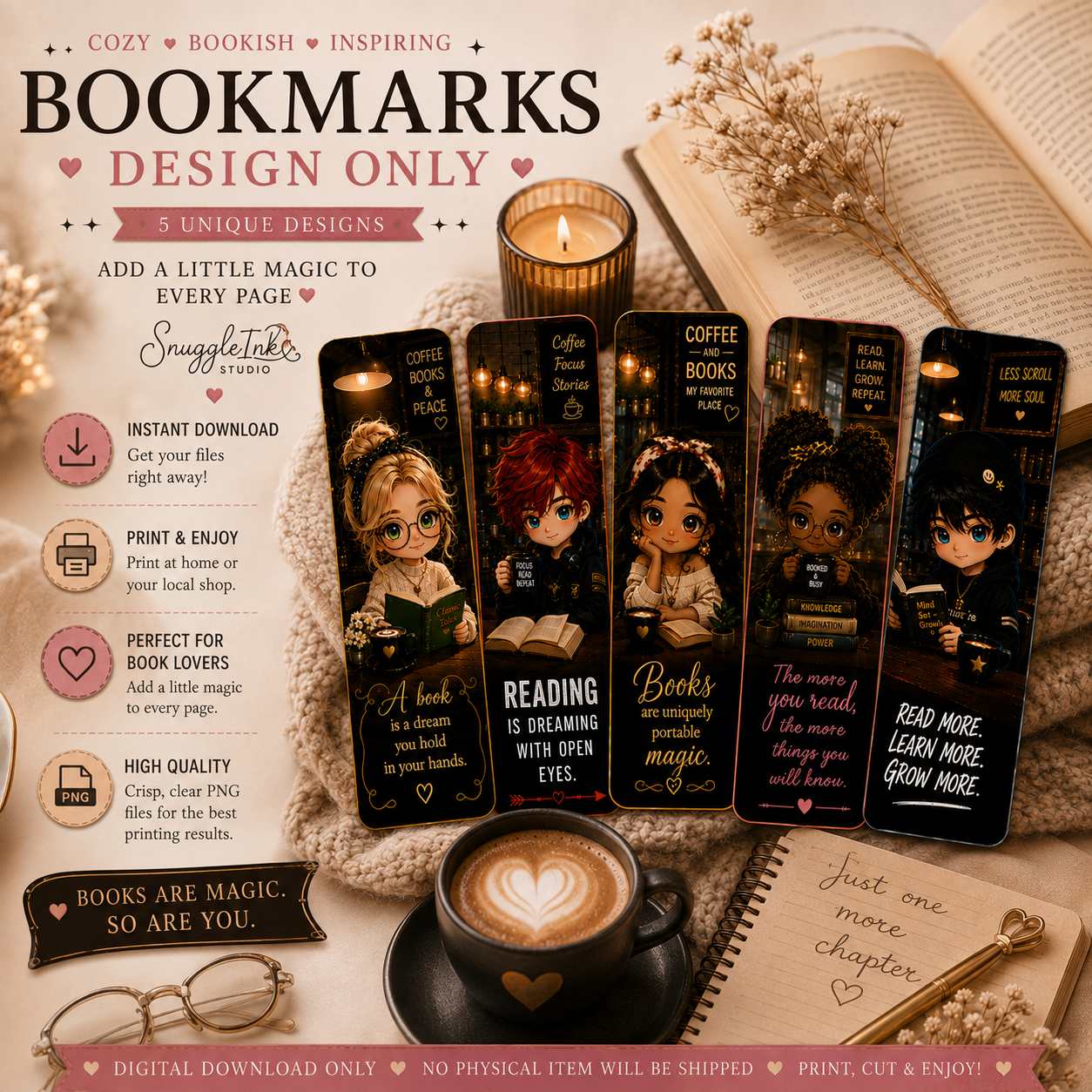 Cozy Coffee & Reading Chibi Bookmark Design Set | 5 Cute Printable Bookmark Designs | Digital Download | Book Lover Gift | DIY Bookmarks