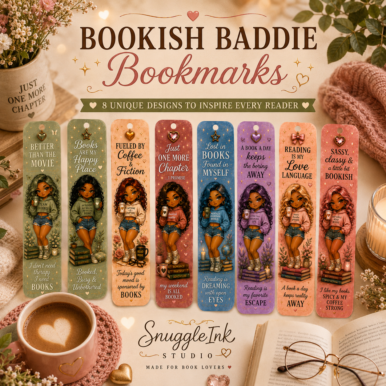 Baddie Bookmark Bundle | 8 Printable Cute Chibi Bookmarks | Instant Digital Download | PNG Bookmarks for Book Lovers