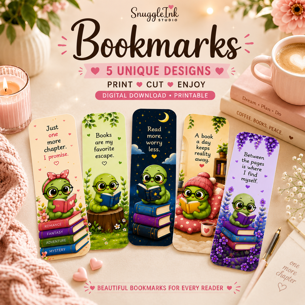Kawaii Bookworm Printable Bookmark Set | 5 Cute Bookmarks | Instant PDF Download for Book Lovers & Readers