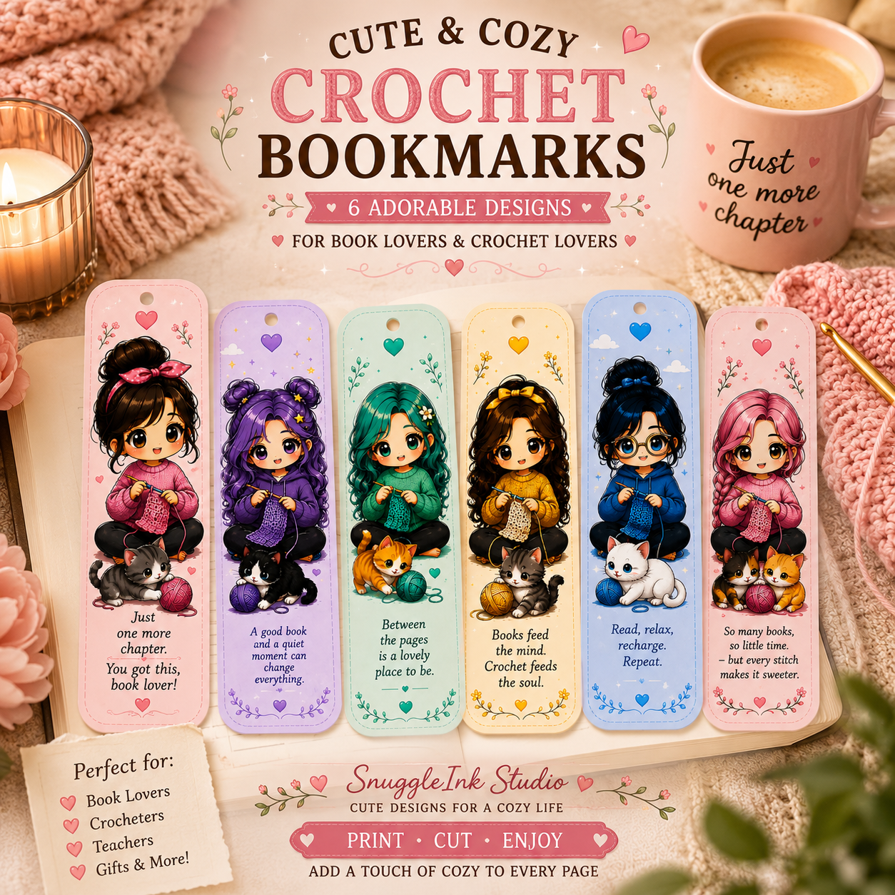 Cozy Crochet Bookmarks PNG Bundle | 6 Cute Kawaii Chibi Bookmarks | Digital Download | Printable Bookmarks | Book Lover Gift | Reader Bookmark Set
