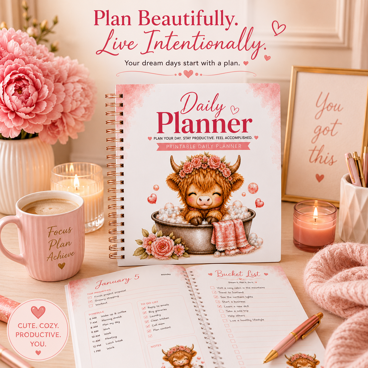 Highland Cow Daily Planner Printable PDF | Cute Pink Planner | Goal, Finance, Habit & Bucket List | Instant Download | US Letter 8.5 x 11